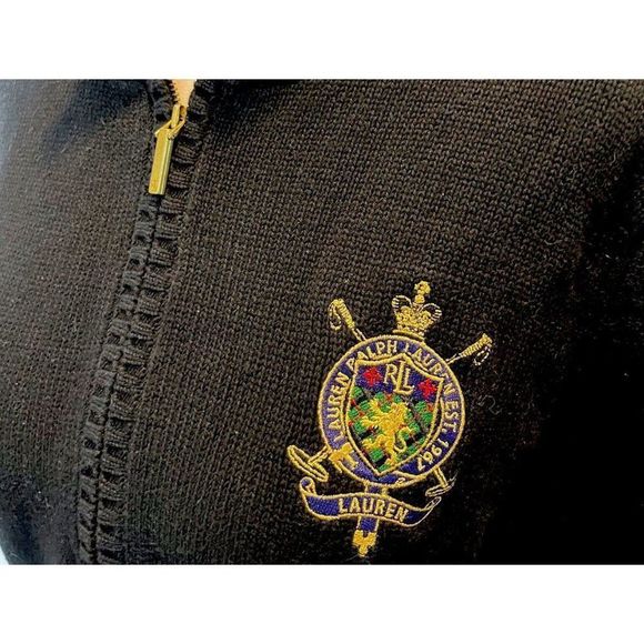 Lauren Ralph Lauren Women Black Red Lion Crest Logo Zip Mock Neck Sweater Large - Picture 5 of 7